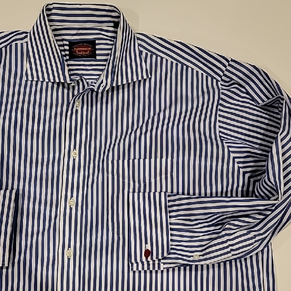 Northshore Striped Wide Collar French Cuff Dress Shirt Blue White 17 34 - Picture 2 of 13